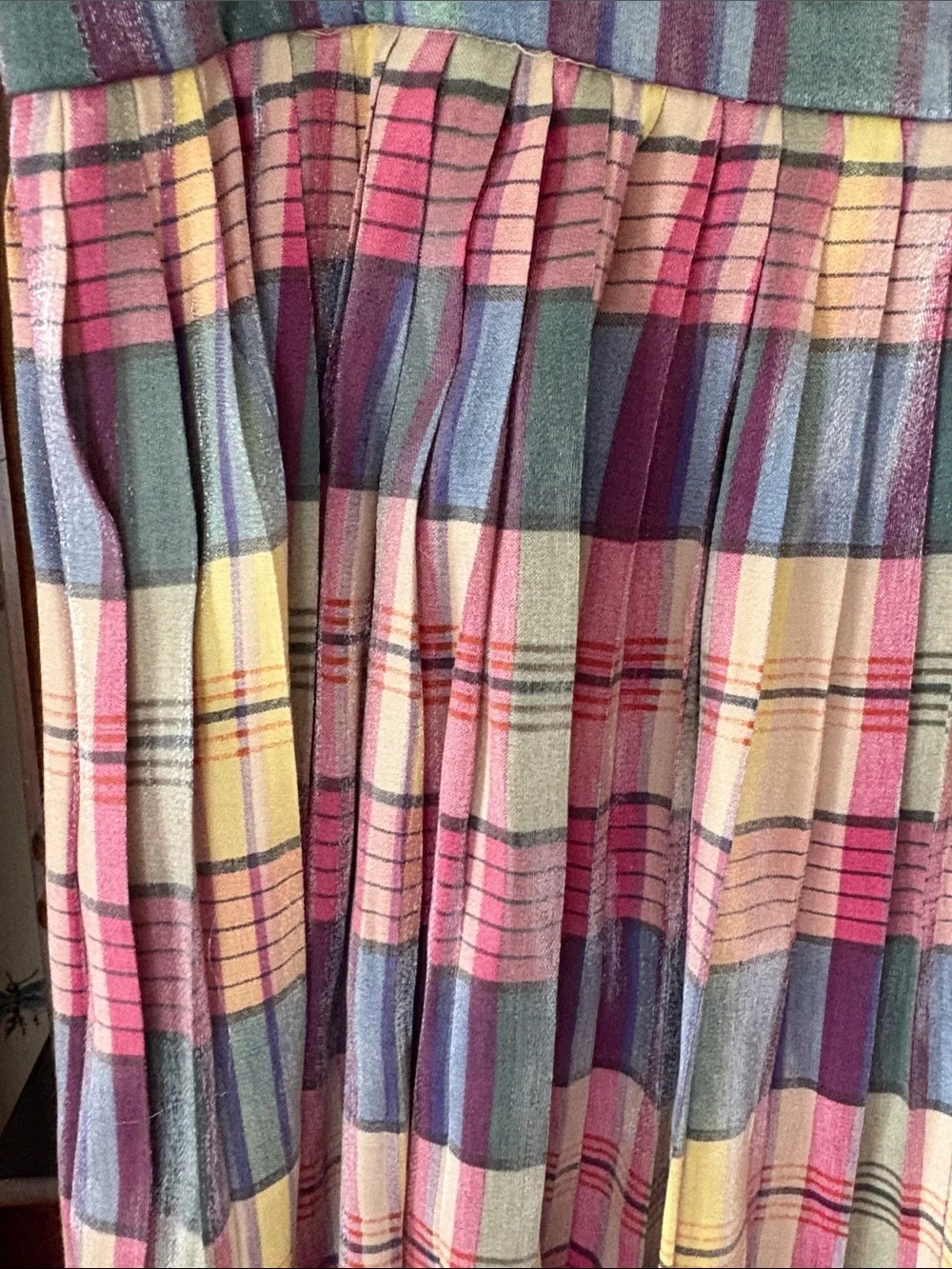 J. Crew Plaid Pleated A-Line Midi Skirt in Pink, Blue and Cream